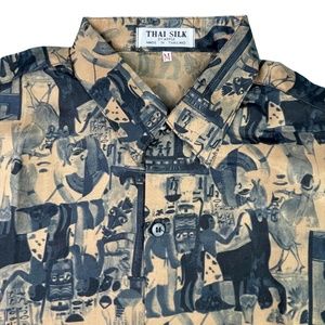THAI SILK By Apple Shirt Men’s Short Sleeve Button Front Sz. M Gold Black Egypt